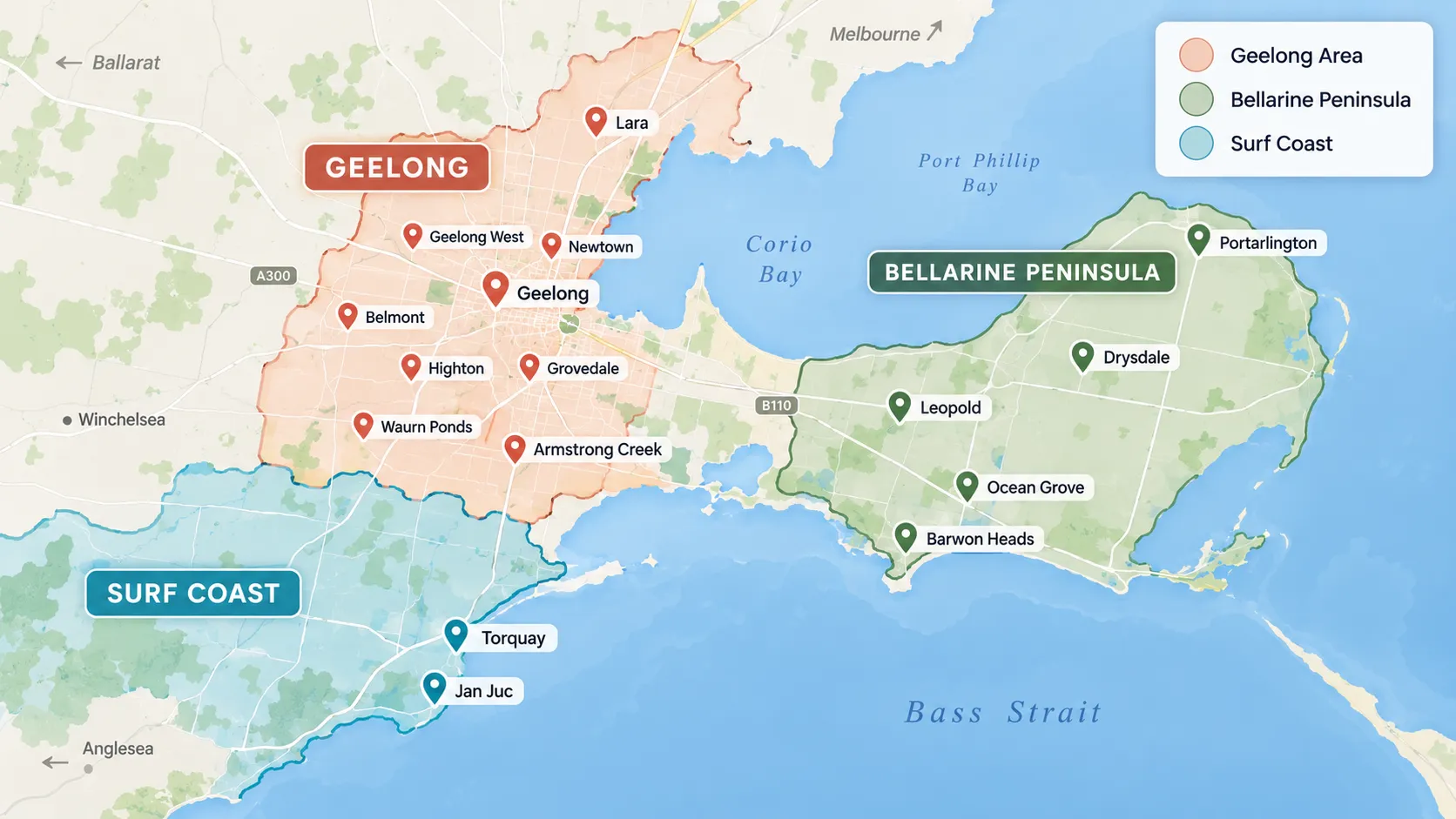 Service area map showing Geelong, the Bellarine Peninsula and Surf Coast coverage areas