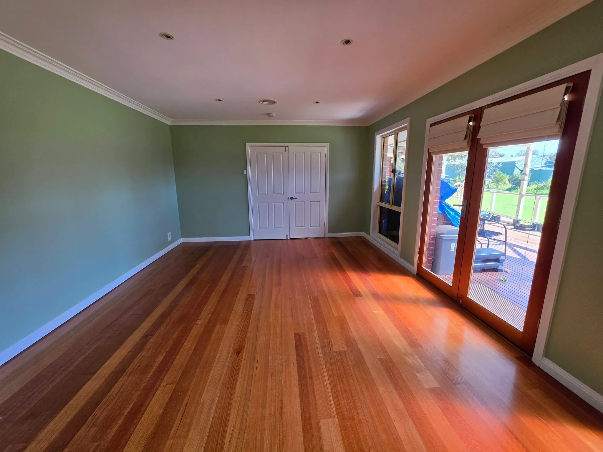 Green-painted living room with polished timber floor and French doors